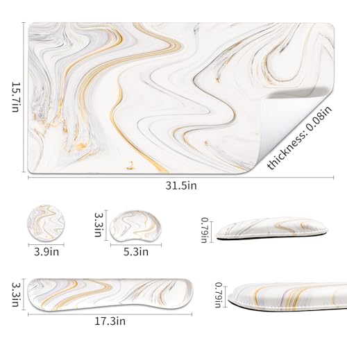 QIYI Leather Desk Mat Set, 4-in-1 Large Mouse Pad with Ergonomic Wrist Rest, Waterproof Desk Pad + Keyboard Wrist Rest + Mouse Wrist Support+Coaster, Non-Slip Office Gaming Accessories, Marble Stripes - color: White Marble Stripes