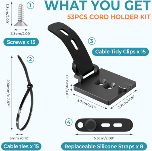 Kanemc Cable Clips Management Kit, 15 Cable Holder with Silicone Cord Ties, 15 Nylon Zip Tie, Extra 15 Screws & 8 Adjustable Cable Straps for Workspace Organizers Computer TV Under Desk Wire Setup