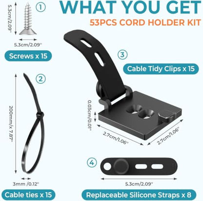 Kanemc Cable Clips Management Kit, 15 Cable Holder with Silicone Cord Ties, 15 Nylon Zip Tie, Extra 15 Screws & 8 Adjustable Cable Straps for Workspace Organizers Computer TV Under Desk Wire Setup