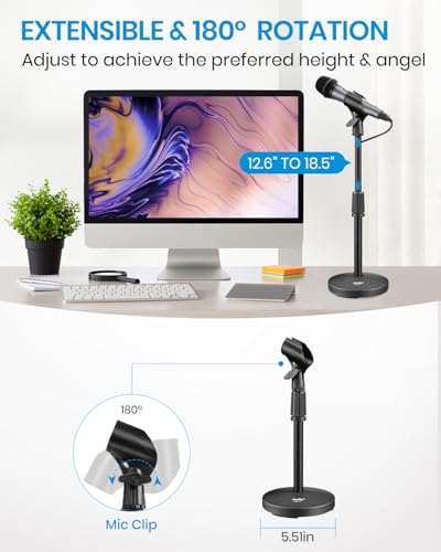 Desktop Microphone Stand, Moukey Upgraded Adjustable Table Mic Stand with Non-Slip Metal Base for Blue Yeti Snowball Spark, Other Microphone, height adjustment 9.84” to 14.17”-MMs-2