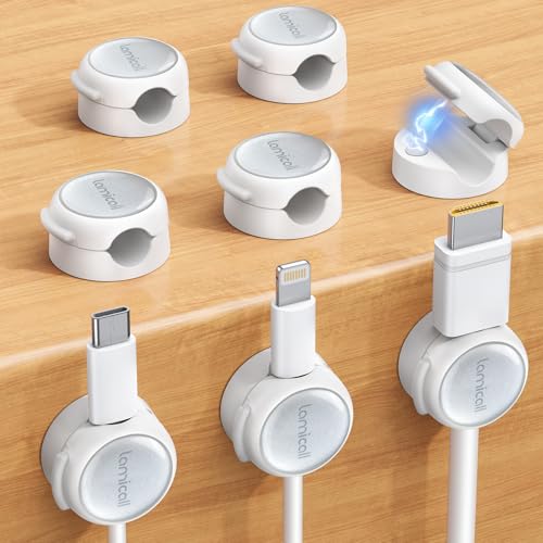 Lamicall 8 Pack Magnetic Cable Clips Cord Organizer - [Crystal-Clear & Silver Shine] Aesthetic Strong Adhesive Phone Charger Cable Management Clips for Nightstand, Home Office Desk Desktop Accessories - color: - Snow White, size: 8Pack