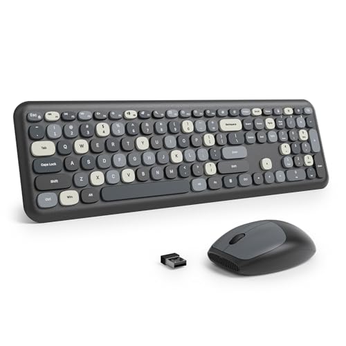 Colorful Black Quiet Keyboard and Mouse Wireless, Retro Typewriter 104-Key Fullsize Keyboard Round Keys for Home Office Dorms PC/Laptop/Desktop(Black Mixed) - color: Black Mixed