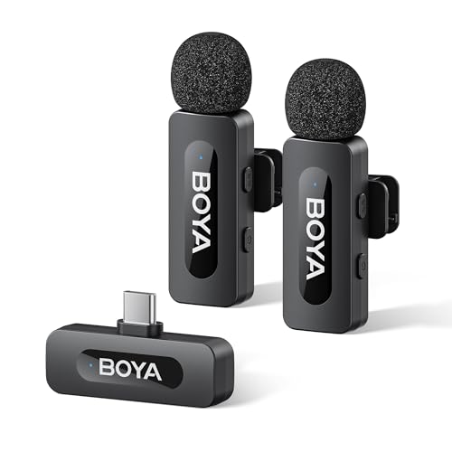 BOYA BY-V20 Wireless Microphones for iPhone 17/16/15 & Android/Laptop with USB-C Port, 328ft Range, 9H Battery Life, Noise Reduction Mini Mic Clip on Lapel Microphone Wireless for Video Recroding - size: 2TX+USB-C RX