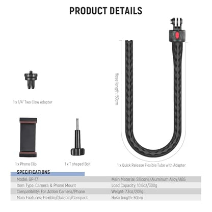 NEEWER Flexible Phone Holder with Magnetic Quick Release Camera Mount Compatible with Insta360 DJI Action 4 iPhone, Bendable Selfie Stick for Shopping Cart/Stroller/Treadmill/Gym, GP-17 - style: GP-17