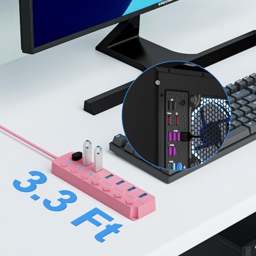 ONFINIO USB Hub 3.0, 7-Port USB Hub Splitter with Individual On/Off Switches and Lights, 3.2ft/1m Long Cable Compatible with MacBook, Laptop, Surface Pro, PS4, PC, Flash Drive, Mobile HDD-Pink - color: Pink