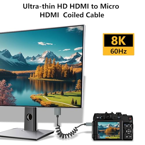 CERRXIAN 8K Micro HDMI to HDMI Cable, Ultra HD High Speed HDMI to Micro HDMI Coiled Cable 2.1 Support 8K 4K 3D and Dynamic HDR Up to 48Gbps, Compatible with Laptop Camera Monitor ect 3FT/0.9M