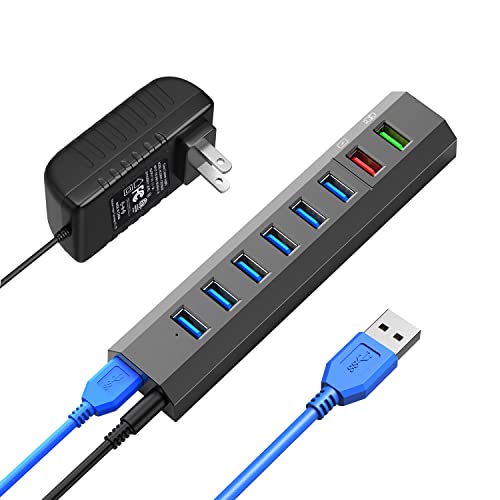 RAOYI Powered USB 3.0 Hub, 8 Ports High Speed USB 3.0 Hub Splitter with 36W Power Adapter, 3.3ft Cable and Smart Fast Charger USB Hub for Laptop, PC, Mobile HDD, Mulitple Devices (Gray) - size: Gray, style: 8-Port 36W Trapezoid