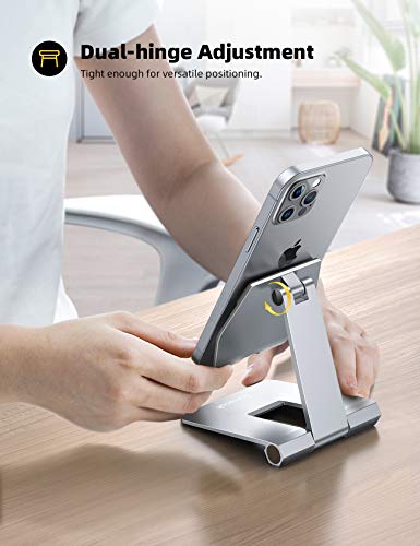 Lamicall Aluminum Metal Adjustable Cell Phone Stand Desk - Heavy Duty Foldable Desktop Phone Holder, for iPhone 17 16 15 14, Plus, Pro, Pro Max, 13 12 Plus, Galaxy S26 25, 4-11'' Sliver