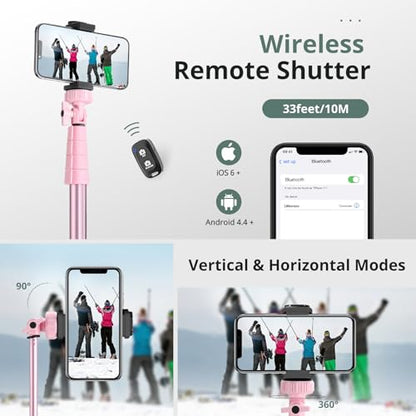 SENSYNE 72" Phone Tripod & Selfie Stick, Extendable Cell Phone Tripod Stand with Wireless Remote and Phone Holder, Compatible with iPhone Android Phone, Camera, Pink - color: Pink, size: 72-inch