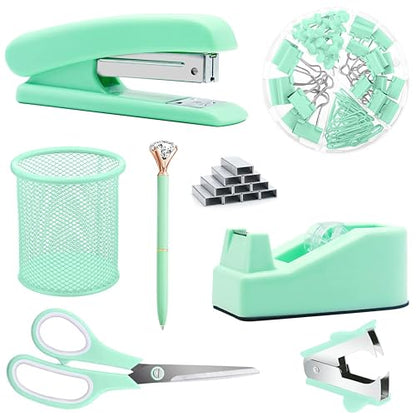 Green Office Supplies, Purple Desk Accessories, Stapler, Staple Remover, Tape Holder, Pen Holder, Ballpoint Pen, Scissor, Binder Clips, Paper Clips and 1000pcs Staples. - color: Green