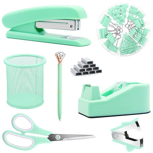 Green Office Supplies, Purple Desk Accessories, Stapler, Staple Remover, Tape Holder, Pen Holder, Ballpoint Pen, Scissor, Binder Clips, Paper Clips and 1000pcs Staples. - color: Green