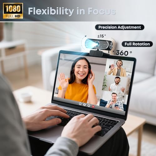 1080P HD Webcam with Microphone, Noise Cancellation, Wide-Angle Lens, Auto Light Correction, PC, Mac, Zoom, Skype, Streaming (Black)