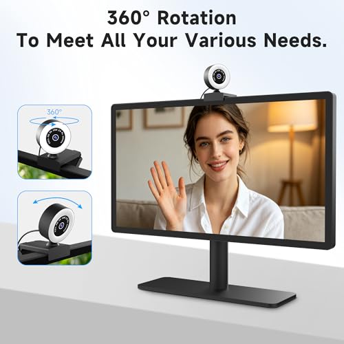 USB HD 2K Video Webcam，with Ring Ligh and Microphoneand Rotatable Tripod& Privacy Cover for PC，, Fast AutoFocus，with Auto White Balance for Video Calls, Live Streaming Gaming & Online Meetings