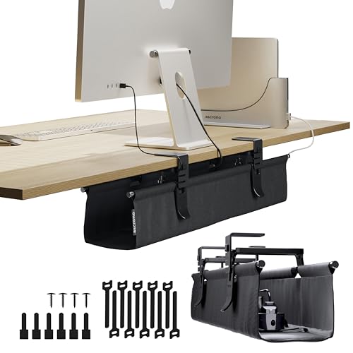 Ascrono Original No Drill Under Desk Cable Management Tray 27.3" - Premium Black Fabric Cable Management Under Desk - Clamp/Screw Mount Cord Organizer - Supports Upto 66lbs - color: Black, size: Regular (27.3 in)