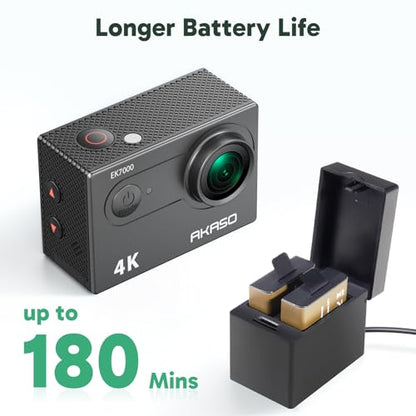 AKASO EK7000 4K30FPS 20MP WiFi Action Camera with 64GB MicroSD Memory Card Bundle EIS Ultra HD 131FT Waterproof Underwater Camera Remote Control 4X Zoom Support External Microphone Black - color: Deep Black