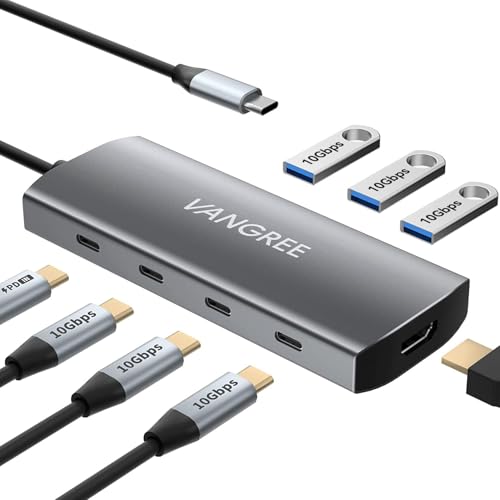 VANGREE USB C Hub, 3 USB 3.2 Gen 2 Ports with 10Gbps, 4K@60Hz HDMI, 100W Power Delivery, 3 USB-A 3.2 Ports, USB C Splitter Multiport Adapter Extender for MacBook Pro/Air, iPad Pro, Mac mini and More - color: Gray