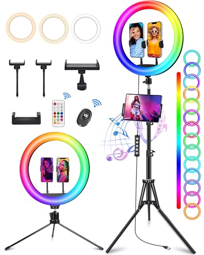 STALLY 13.3" Ring Light with Stand, Music Mode, 75" Tall with 2 Phone Holder and Desktop Stand, 3 CCT Modes & 96 RGB Color Modes, Ring Light Tripod for iPhone with Wireless Remote, Great for TikTok - size: 13.3in