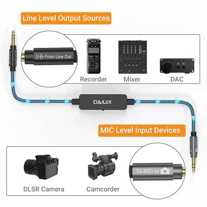 Cubilux 3.5mm TRS Line to Microphone Attenuator Cable, 3-Level (-10dB/-20dB/-30dB) Attenuation MIC Cord for DSLR Camera, Camcorder, 1 Feet