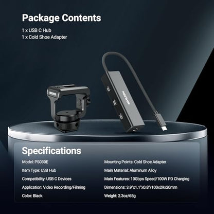 NEEWER USB C Hub Dock with Cold Shoe Mount, 4 in 1 USB 3.1 Gen2 Extender Multiport Adapter Dongle 100W PD Charging 10Gbps 4K 60Hz Compatible with iPhone iPad Mac Android Laptop Field Monitor, PS030E