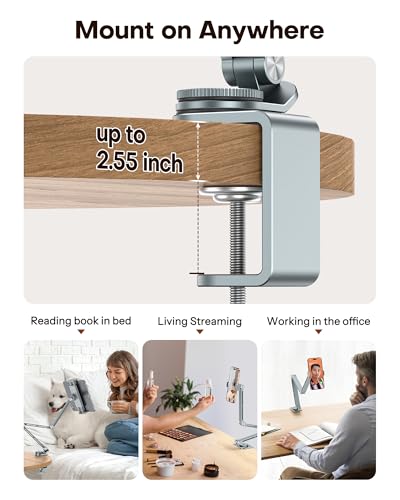 OMOTON Tablet Stand for iPad with 360° Rotation, GH03 Aluminum Alloy Long Arm Phone Mount with 2 Plastic Clamps (Phone & Tablet), Adjustable Holder for 4-13" iPad Pro/iPhone, Grey - color: Grey