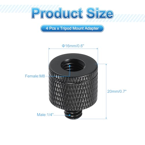 PATIKIL Tripod Screw Adapter M8 Female to 1/4" Male, 4 Pcs Tripod Nut Connectors Camera Mount Screw Camera Double Head Converter for Microphone Holder Magic Arms Accessories, 20 mm - size: M8 Female to 1/4" Male,20 mm