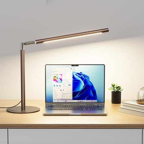 SIBRILLE Brown LED Desk Lamp, 16" Dimmable Metal Desk Light with Base, 15W 1200LM, Adapter Included, Color & Brightness Adjustable, Modern Tall Table Lamp for Home Office Reading Study Task Laptop - color: Brown