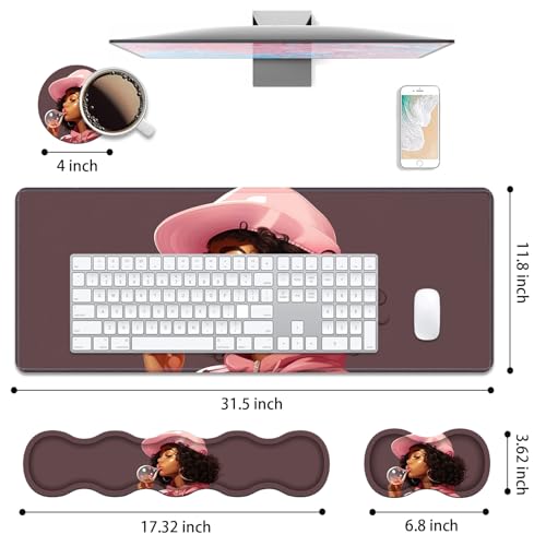 4 in 1 Ergonomic Keyboard Wrist Rest & Mouse Pad Wrist Rest Set, Large XXL Gaming Desk Mat 31.5"x 11.8" with Non-Slip Base, Memory Foam for Home Office Study Gaming, African American Black Girl - color: African American Black Girl