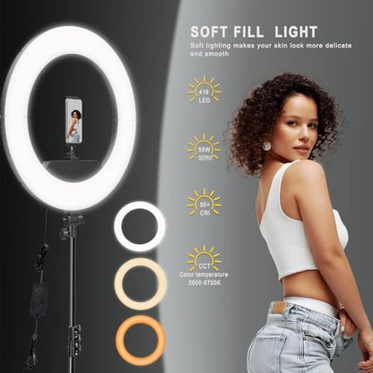 Ring Light 18 INCH Kit,55W6700k Dimmable LED Light, Tripod Stand, Remote Controller,Box for Camera,Smartphone,YouTube,TikTok,Self-Portrait Shooting,CRI95 (Black) - color: Black