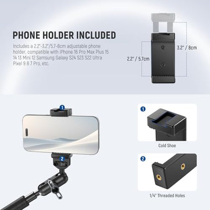 NEEWER UA057 22" Magic Arm w Clamp, Overhead Desk Camera Phone Mount Articulating Arm, 1/4" 3/8" Threads for ARRI Compatible with iPhone DSLR Action Camera Light, LP40 Photo Studio Light Box Included