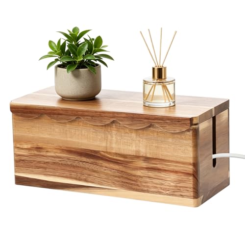 Large Cable Management Box Scalloped Edge, Acacia Wood Cable Organizer Box & Power Strip Box for Electrical Cord Management, Hide Desk Cord and Floor Cables, Wire Storage and Organization for Cords