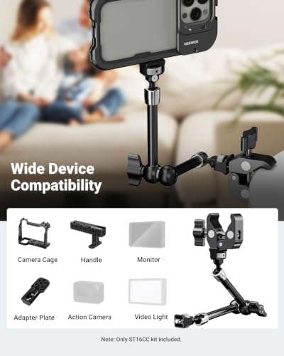 Neewer 11" Articulating Magic Arm Clamp Mount with Super Clamp, Camera Monitor Mount with 1/4" 3/8" ARRI Locating Pins & Holes for DSLR Action Camera Video Light Compatible with SmallRig Cage, ST16C - style: ST16C w/Clamp