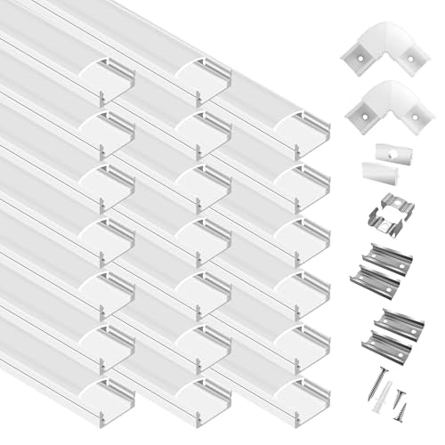 hunhun 20-Pack 6.6ft/2Meter U Shape White LED Aluminum Channel System with Milky Cover, End Caps and Mounting Clips, Aluminum Channel Profile for LED Strip Light Diffuser Installations (20pack*6.6ft) - size: 20pack*6.6ft(White)