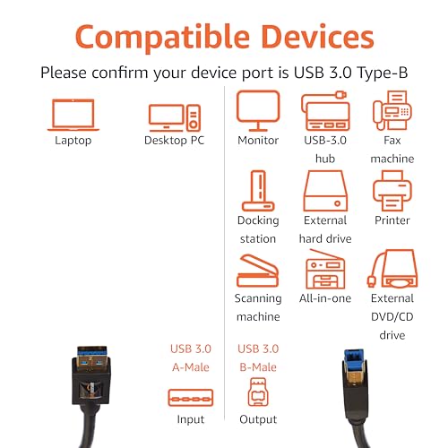 Amazon Basics USB-A to USB-B 3.0 Cable, 4.8Gbps High-Speed with Gold-Plated Plugs, 6 Foot, Black (Pack of 2) - size: 6 Feet (Pack of 2)