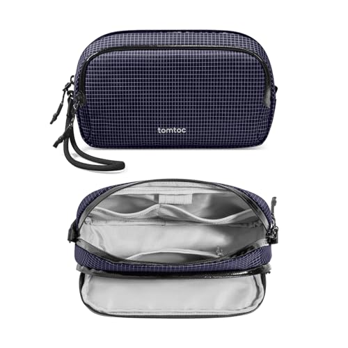 tomtoc Electronic Organizer Travel Case Performance, Water Resistant Dual Compartment Cable Organization Storage Bag for Charger, Cord, Phone, Hard Drive, Power Bank, Accessories Travel Essentials - color: Navy Blue Plaid, size: Medium