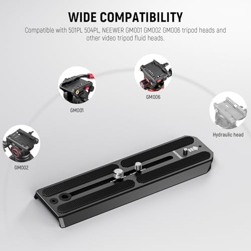 NEEWER 501PL Tripod Quick Release Plate Compatible with MVH500AH MVH502AH, 6.3"/16cm Extended Camera Mounting Plate with 1/4" 3/8" Screws, Anti Off Pin for GM001 GM002 GM006 Fluid Heads, QR6