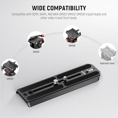 NEEWER 501PL Tripod Quick Release Plate Compatible with MVH500AH MVH502AH, 6.3"/16cm Extended Camera Mounting Plate with 1/4" 3/8" Screws, Anti Off Pin for GM001 GM002 GM006 Fluid Heads, QR6