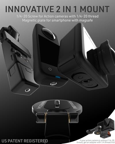 2-in-1 Magnetic Phone Tripod for MagSafe/DJI Osmo Pocket 3/4 Magnetic Mount | for Insta360 Luna Ultra, Foldable Phone Desk Stand with Arca-Swiss 1/4" Screw Hook Holder for GoPro 13/12 | Design Patented
