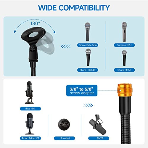Microphone Stand 13" Flexible Gooseneck Desktop Mic Stand Multi-Function Mic Stand Phone Holder with Upgraded Mic Clip and Heavy Duty Desk Clamp, 3/8" to 5/8" Screw Adapter for Universal Mic - size: 13INCHS-1PACK