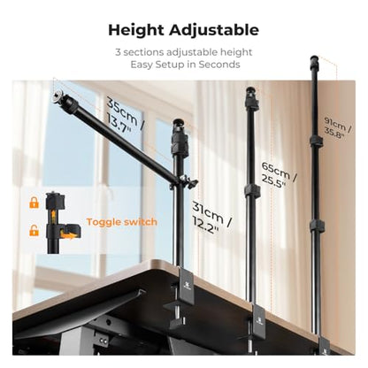 K&F CONCEPT Desk Mount Stand with Extension Arm, 37-91cm Adjustable Overhead Camera Mount, 1/4" Ball Head & 3/8" Adapter, C-Clamp for Ring Light, DSLR Camera, Smartphone, Live Streaming, Video