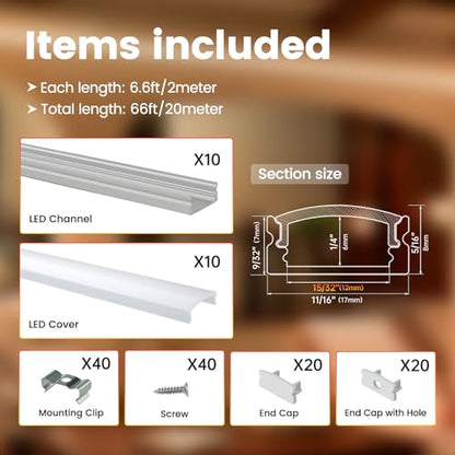 Muzata 10Pack 6.6FT/2M LED Channel Aluminum U Shape Silver LED Strip Diffuser Channel with Milky White Cover Easy Installation U1SW WW 2M - size: 10Pack
