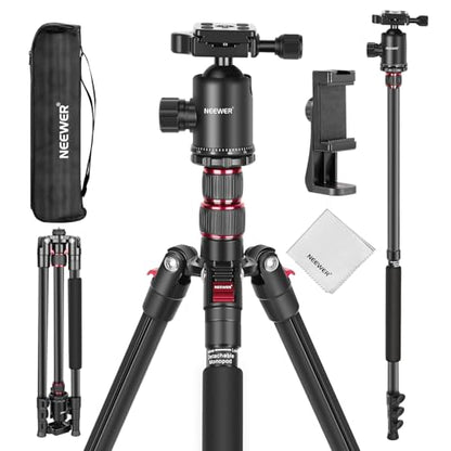 NEEWER 77" Camera Tripod Monopod with Cell Phone Holder Compatible with iPhone for Video Recording, Compact Aluminum Travel Stand with Ball Head QR Plate Bag Cleaning Cloth, Max Load 34lb, TP77 - style: Travel Tripod w/Cleaning Cloth