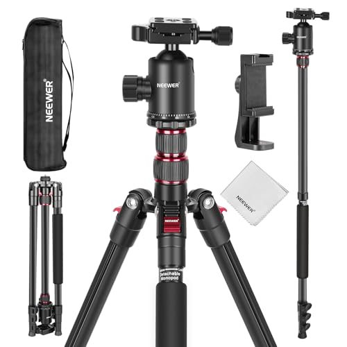 NEEWER 77" Camera Tripod Monopod with Cell Phone Holder Compatible with iPhone for Video Recording, Compact Aluminum Travel Stand with Ball Head QR Plate Bag Cleaning Cloth, Max Load 34lb, TP77 - style: Travel Tripod w/Cleaning Cloth