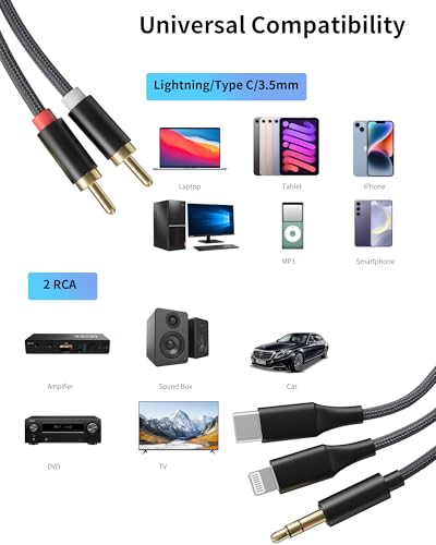 [3-in-1 RCA Audio Cable] Lightning/USB C/3.5mm to 2 RCA – Compatible with iPhone, Android, Home Theater, Car Stereo, Speaker, Amplifier (3.9FT) - size: 3.9FT