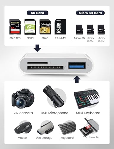 SD Card Reader for iPhone iPad Laptop 3-in-1 Connectors Memory Card Adapter with Dual Slots & USB Port Trail Game Camera Viewer for iPhone Mac MacBook Android Laptop White - size: Three USB-C Lightening USB-A plugs