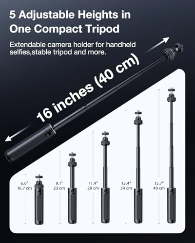 Llano 16"/40cm Action Camera Tripod for DJI Osmo Pocket 4/3, Insta360 X5 X4 X3, Gopro Hero13/12, Extendable Mini Tripod with 1/4'' Screw, Small Selfie Stick for Sony, Canon, 360° Ball Head, Black