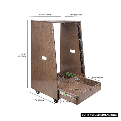 Sound Town DIY 16U Slanted Recording Studio Rack with Extra 2U Drawer, Rubber Feet & Casters, Solid Baltic Birch Plywood Audio Equipment Rack, Weathered Brown (SDRK-16TBD2) - size: 16U, Weathered Brown, Slanted w/ Drawer