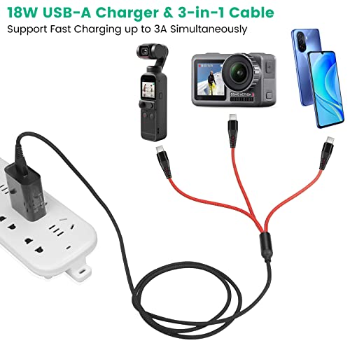 USB C Charger for DJI Osmo Mobile 7P 6 OM 6 5 4 SE/RS 2 3 Mini Stabilizers and Pocket 3 2 Action Cameras, 3-in-1 Type-C Charging Cable with 18W Fast-Charge Adapter Accessories, 4ft