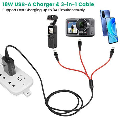 USB C Charger for DJI Osmo Mobile 7P 6 OM 6 5 4 SE/RS 2 3 Mini Stabilizers and Pocket 3 2 Action Cameras, 3-in-1 Type-C Charging Cable with 18W Fast-Charge Adapter Accessories, 4ft