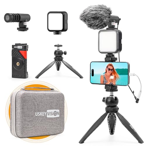 USKEYVISION Smartphone Vlogging Kit for iPhone 16/15/14 Mini/Pro/Max, Android Smartphone Content Creator Kit w/Microphone Light Auto-Switch Phone Clip for YouTube Tiktok Live Steam (Vlog K2)