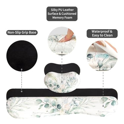 QIYI Leather Desk Mat Set, 4-in-1 Large Mouse Pad with Ergonomic Wrist Rest, Waterproof Desk Pad + Keyboard Wrist Rest +Mouse Wrist Support+Coaster, Non-Slip Office Gaming Accessories, Eucalyptus Leaf - color: Eucalyptus Leaf